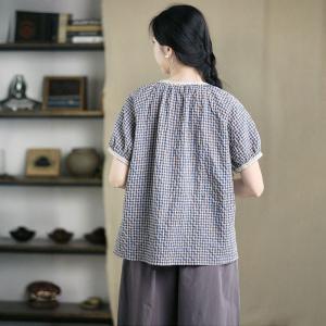 Lace Hem Blue Plaid Cotton Linen Blouse