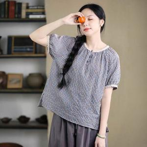 Lace Hem Blue Plaid Cotton Linen Blouse