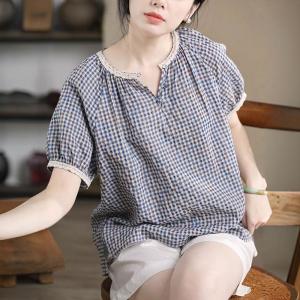 Lace Hem Blue Plaid Cotton Linen Blouse