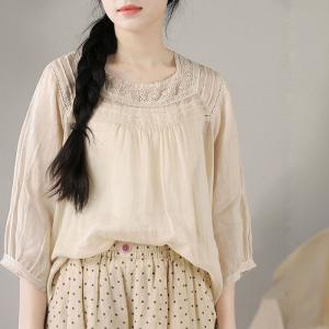 Lace Collar Pleated Oversized Sheer Peasant Blouse