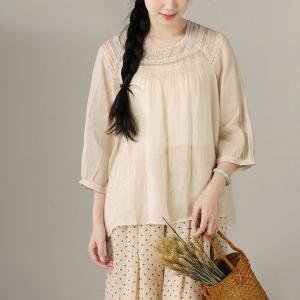 Lace Collar Pleated Oversized Sheer Peasant Blouse