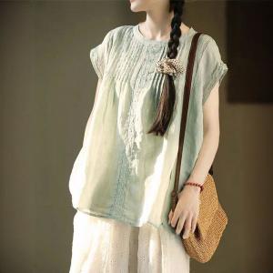 Summer Ramie Lace Splicing Pastel Green Blouse