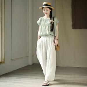 Summer Ramie Lace Splicing Pastel Green Blouse