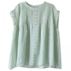 Summer Ramie Lace Splicing Pastel Green Blouse
