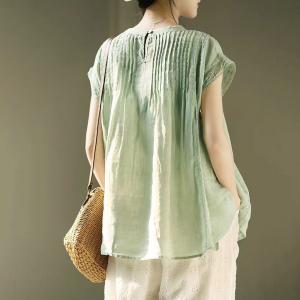 Summer Ramie Lace Splicing Pastel Green Blouse