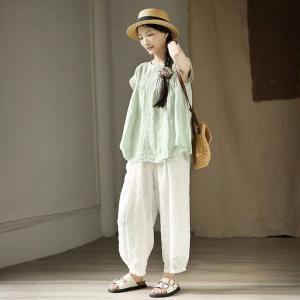 Summer Ramie Lace Splicing Pastel Green Blouse