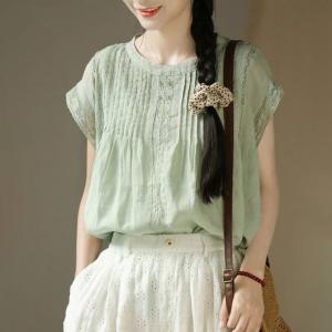 Summer Ramie Lace Splicing Pastel Green Blouse