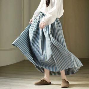 Blue Striped Cotton Maxi Flare Skirt