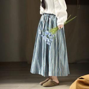 Blue Striped Cotton Maxi Flare Skirt