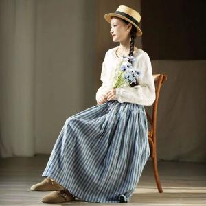 Blue Striped Cotton Maxi Flare Skirt