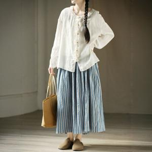 Blue Striped Cotton Maxi Flare Skirt