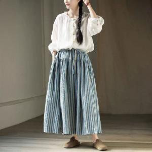 Blue Striped Cotton Maxi Flare Skirt
