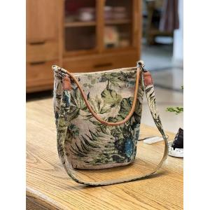 Flowers Patterned Hemp Linen Bucket Bag