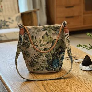 Flowers Patterned Hemp Linen Bucket Bag