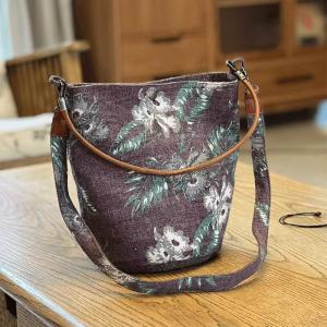 Flowers Patterned Hemp Linen Bucket Bag