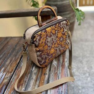 Wood Handle Printed and Embroidery Handbag