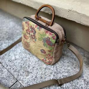 Wood Handle Printed and Embroidery Handbag