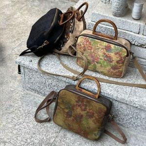 Wood Handle Printed and Embroidery Handbag