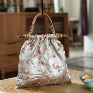 Rattan Handle Floral and Striped Wrist Bag