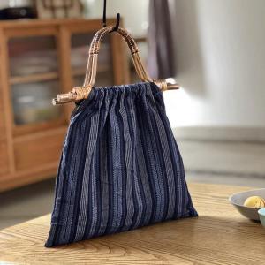 Rattan Handle Floral and Striped Wrist Bag