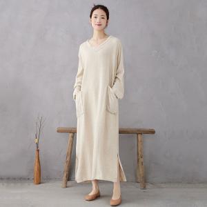 Fringed V-Neck Big Pockets Linen Caftan