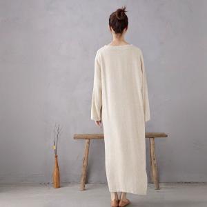 Fringed V-Neck Big Pockets Linen Caftan