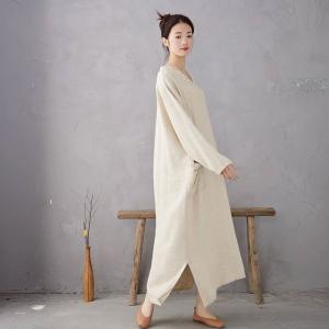 Fringed V-Neck Big Pockets Linen Caftan