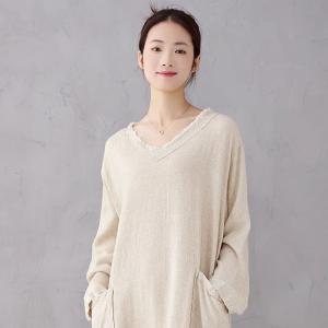 Fringed V-Neck Big Pockets Linen Caftan