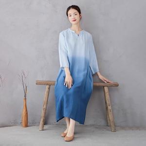 Dip Dye Blue Midi Linen Designer Dress