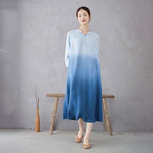 Dip Dye Blue Midi Linen Designer Dress