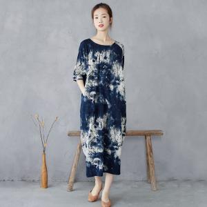 Ethnic Blue Chinoiserie Tie Dye Tunic Dress