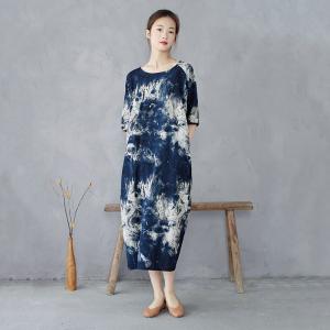 Ethnic Blue Chinoiserie Tie Dye Tunic Dress