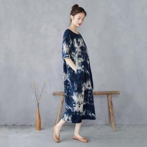 Ethnic Blue Chinoiserie Tie Dye Tunic Dress