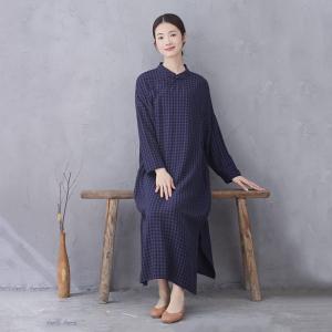 Blue Plaids Frog Buttons Loose Qipao Dress