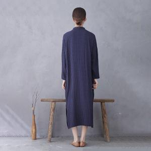 Blue Plaids Frog Buttons Loose Qipao Dress