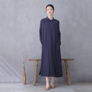 Blue Plaids Frog Buttons Loose Qipao Dress
