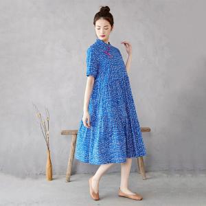 Blue Empire Waist Cotton Qipao Mid-Calf Dress