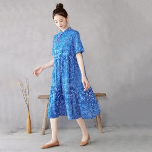 Blue Empire Waist Cotton Qipao Mid-Calf Dress