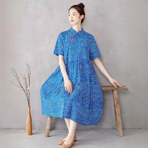 Blue Empire Waist Cotton Qipao Mid-Calf Dress