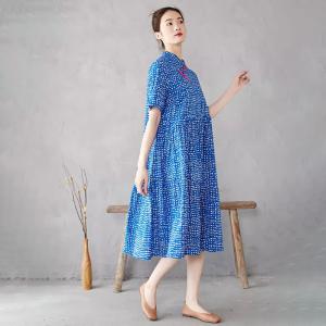 Blue Empire Waist Cotton Qipao Mid-Calf Dress