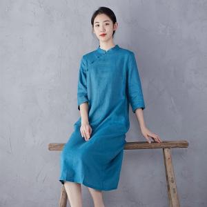 Organic Linen Summer Classic Midi Cheongsam Dress