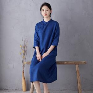 Organic Linen Summer Classic Midi Cheongsam Dress