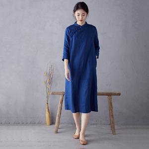 Organic Linen Summer Classic Midi Cheongsam Dress