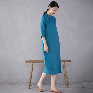 Organic Linen Summer Classic Midi Cheongsam Dress