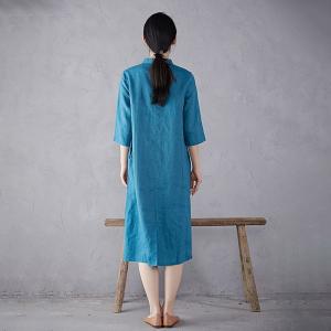 Organic Linen Summer Classic Midi Cheongsam Dress