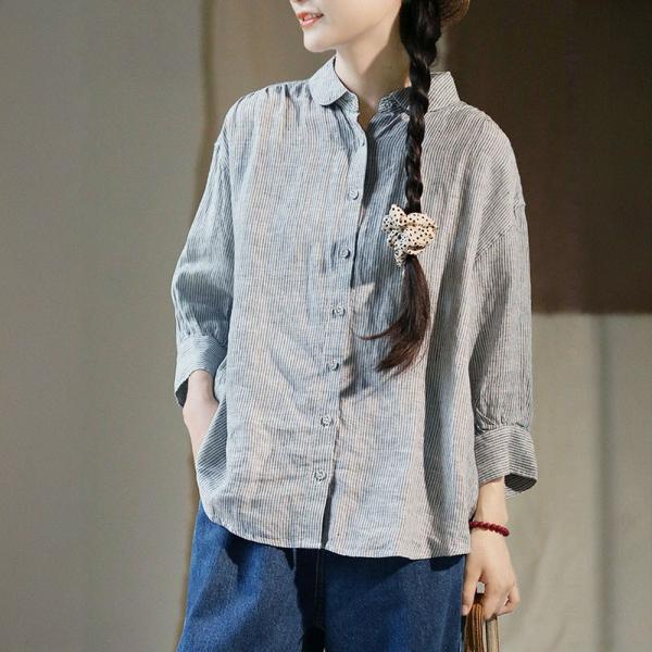 Blue Vertical Pinstriped Long Sleeves Linen Shirt