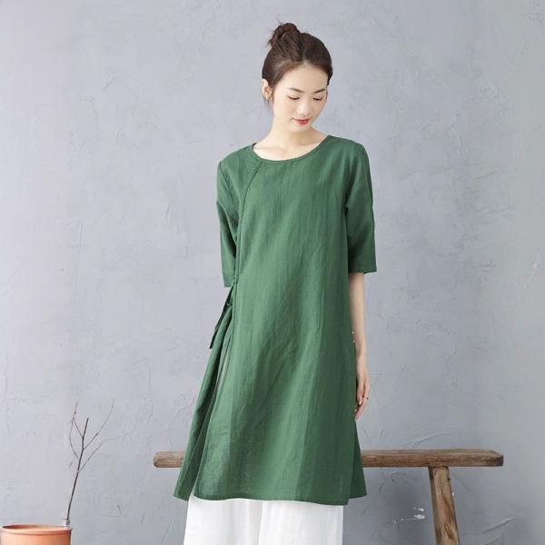 Big Slits Cotton Linen Green Tunic Sweatshirt