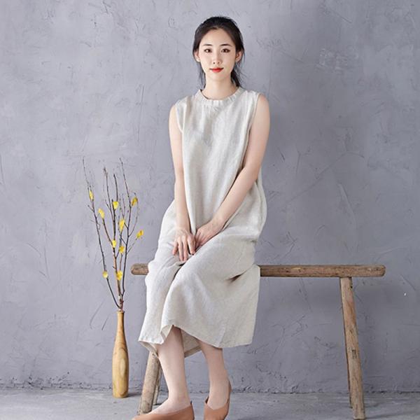 Back Frog Buttons Slit Linen Summer Dress