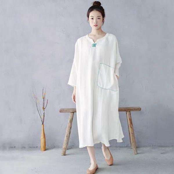 Spring Plus Size White Linen Embroidered Caftan