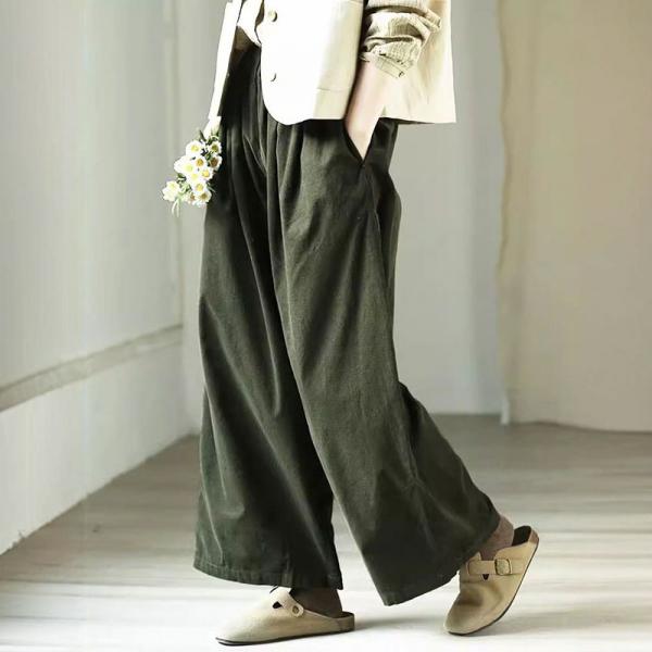 Blackish Green Wide Leg Corduroy Pants for Women